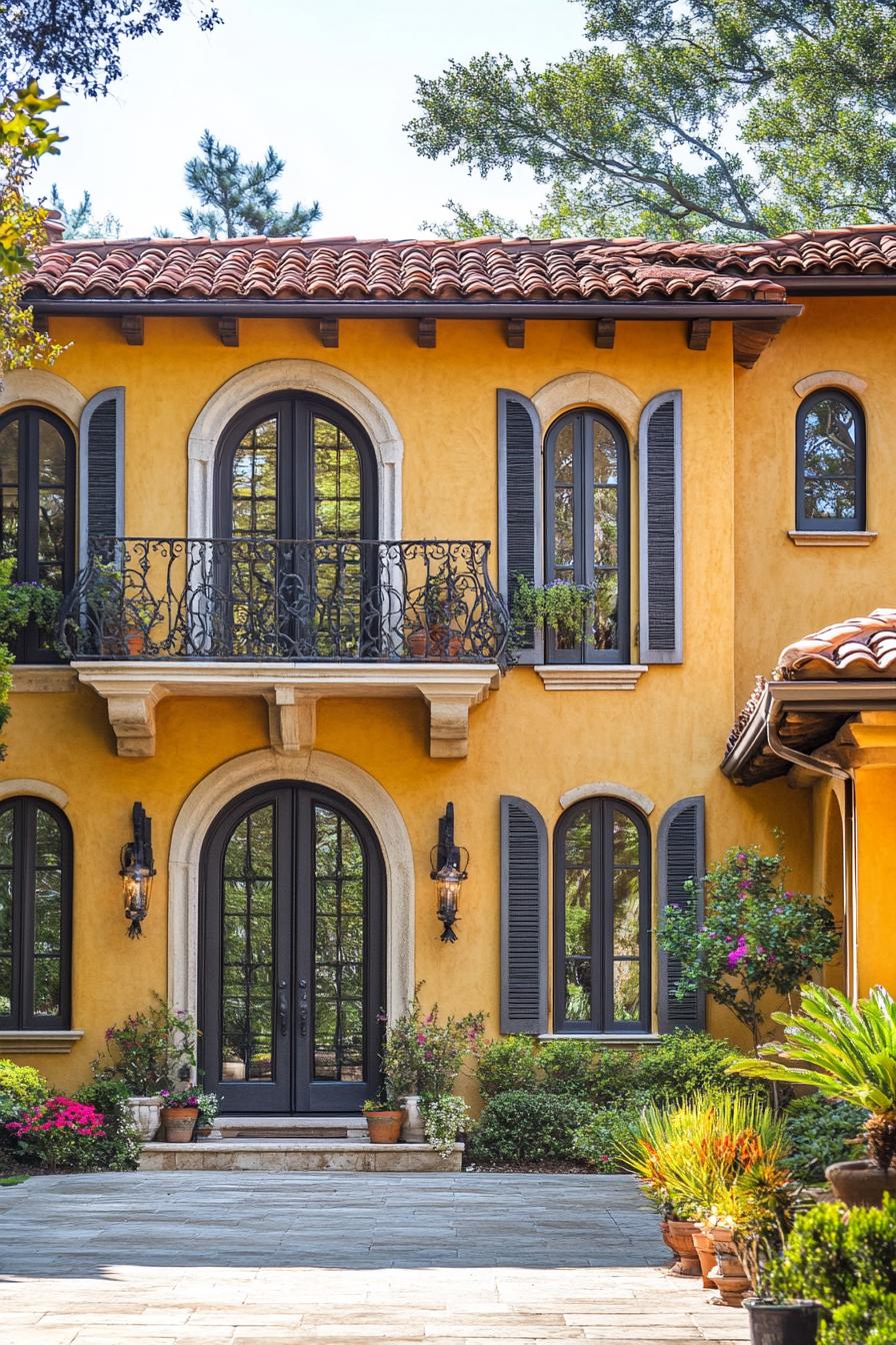 italian villa in yellow stucco siding and barrel tile roof three stories iron balcony windows with grey shutters front patio with potted plants 3