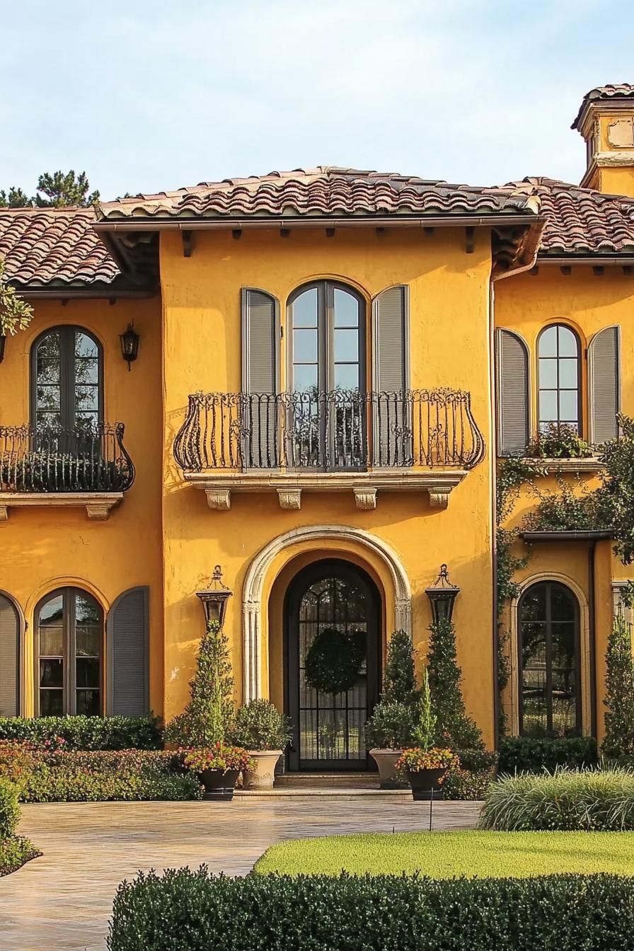 italian villa in yellow stucco siding and barrel tile roof three stories iron balcony windows with grey shutters front patio with potted plants