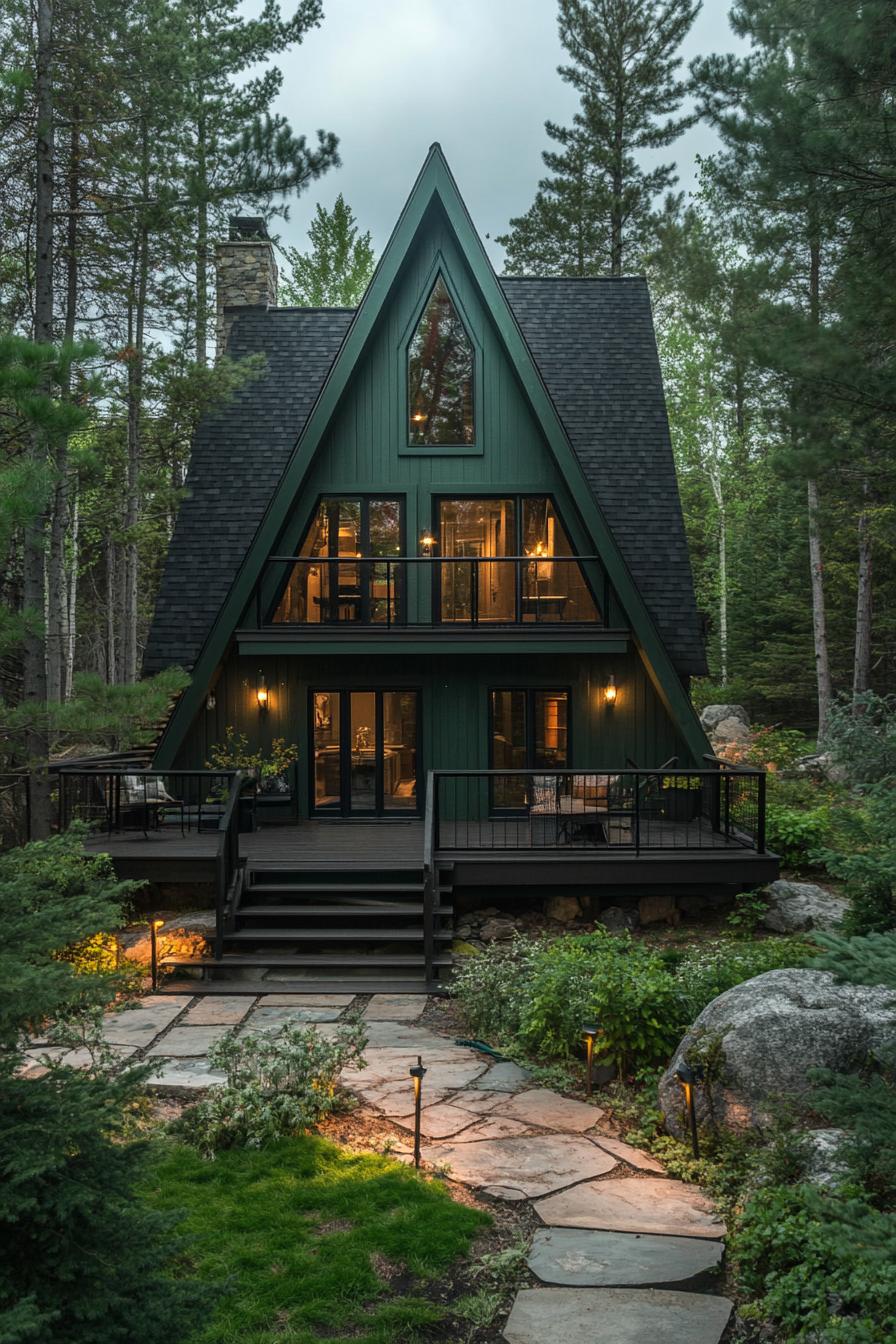 large a frame house in a forest with hunter green siding and deck black shingle roof deck with steps forest path with garden lighting pine trees