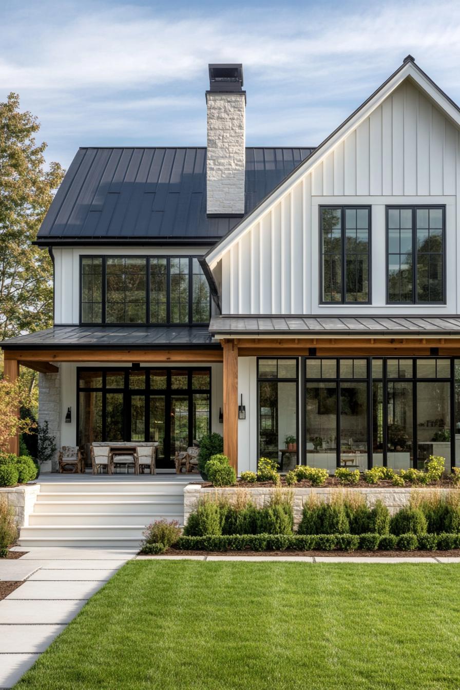 large farmhouse style dream home with white board and batten facade black multi pitched roof large modern glass windows porch with wooden beam 1