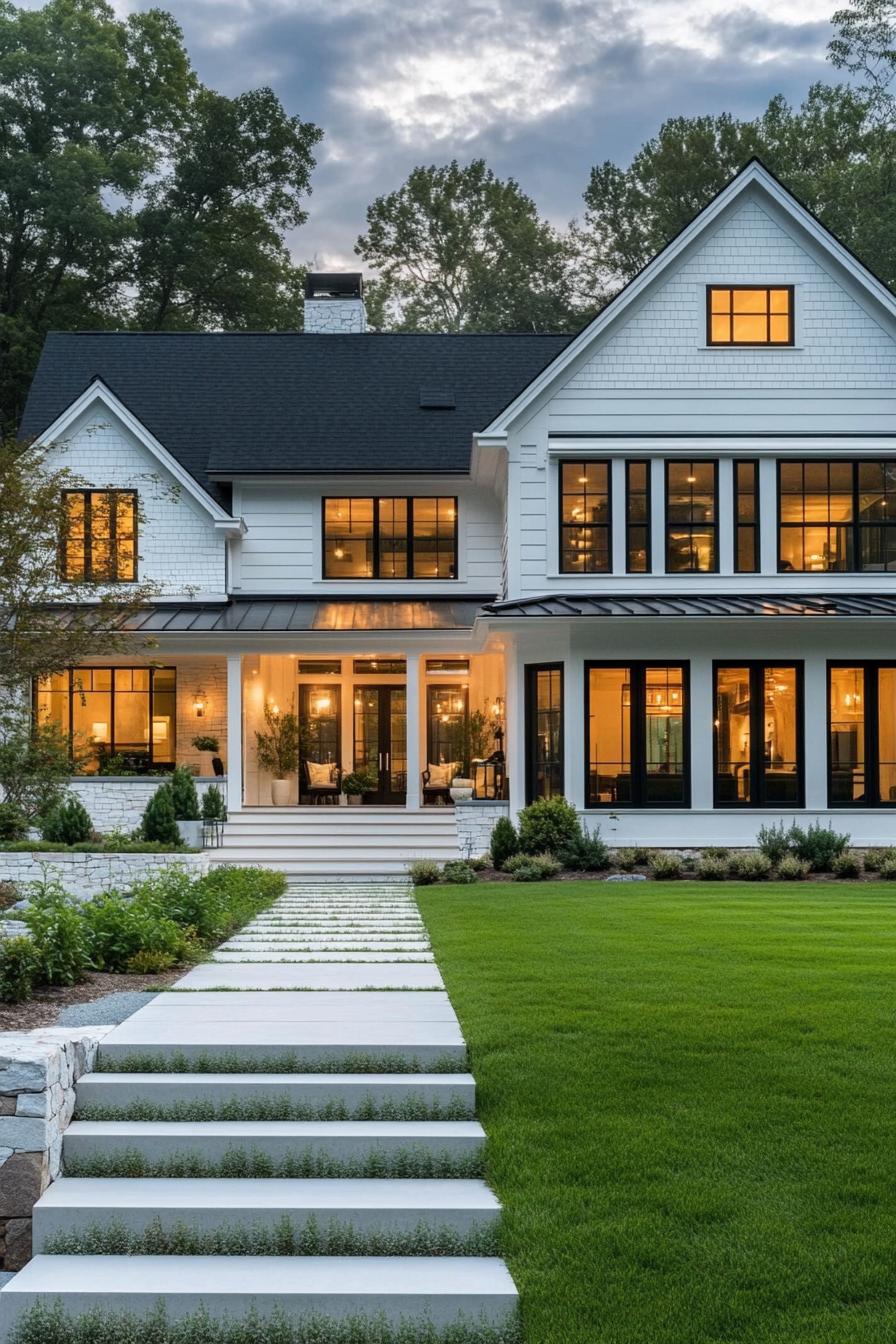 large farmhouse style dream home with white board and batten facade black multi pitched roof large modern glass windows porch with wooden beam