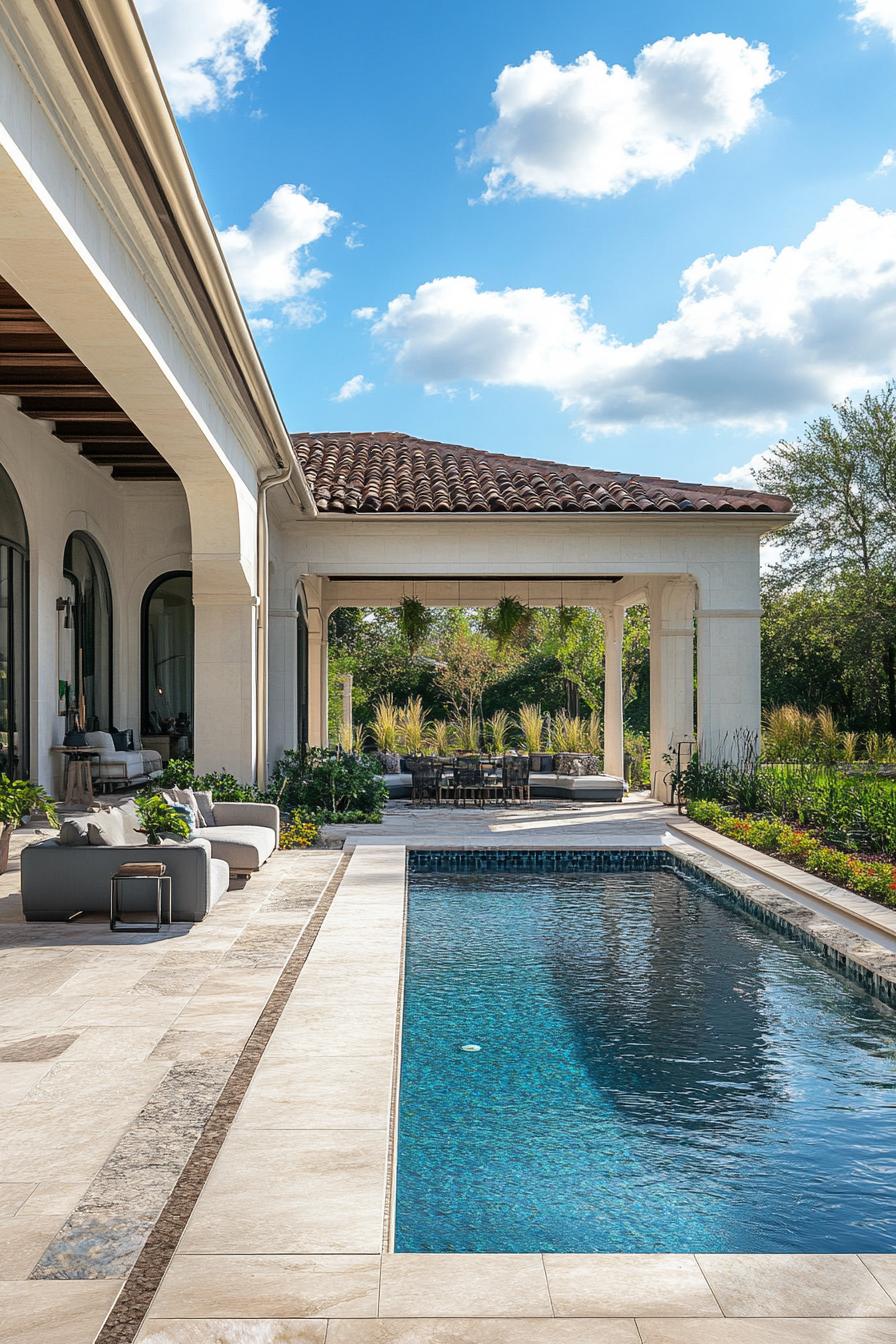 luxury marble home yard with a pool by the pool is a lounge area a covered lounge area yard paved with stone tile landscape with plant beds 1