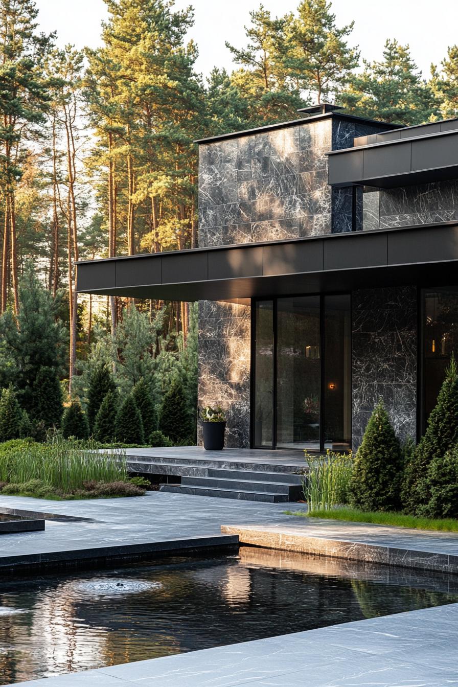 luxury modern house courtyard with black marble tall facade flat roof full grall walls tidy modern landscape with tall shrubs small pond water