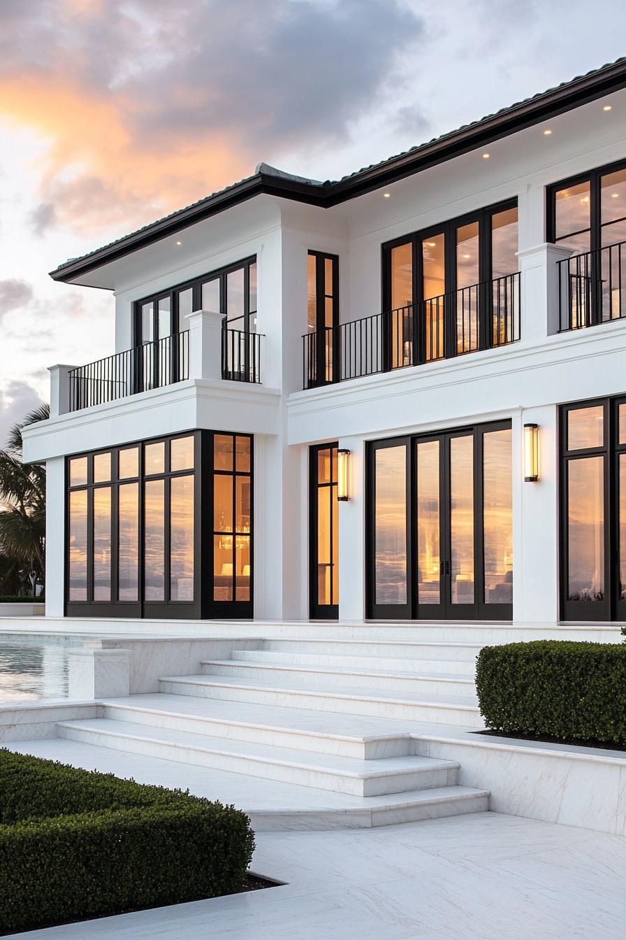 luxury modern white marble house with large windows in black trim flat roof front entry steps front deck balconies landscape in cascading white 1