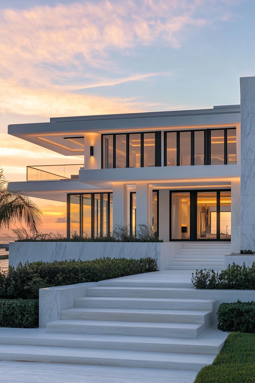 luxury modern white marble house with large windows in black trim flat roof front entry steps front deck balconies landscape in cascading white 2