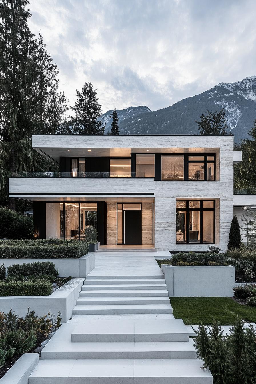 luxury modern white marble house with large windows in black trim flat roof front entry steps front deck balconies landscape in cascading white 3