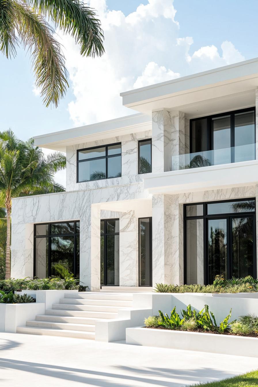 luxury modern white marble house with large windows in black trim flat roof front entry steps front deck balconies landscape in cascading white