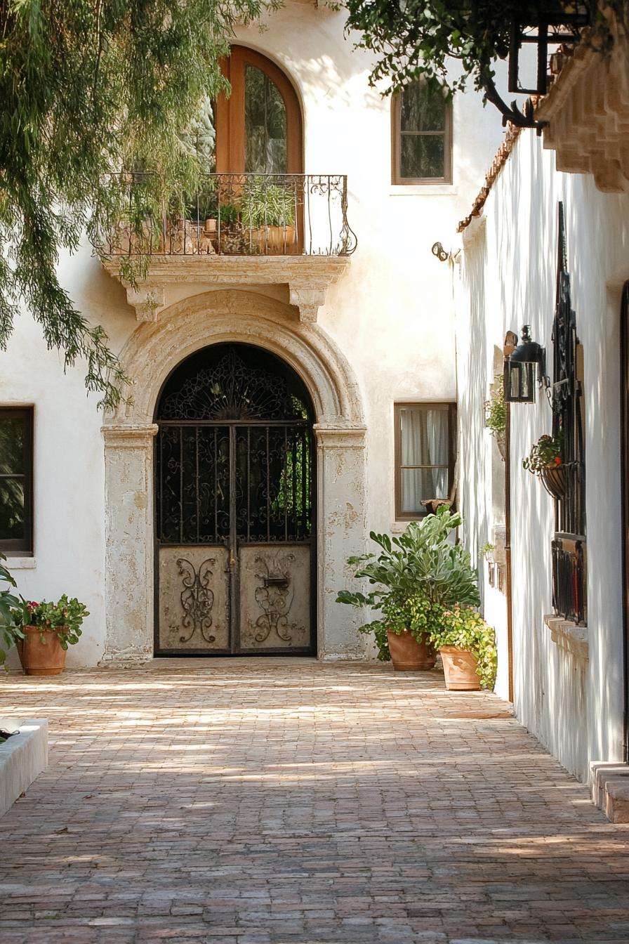 mediterranean revival architecture home courtyard with arched doorway and wrough iron ornate gate 1