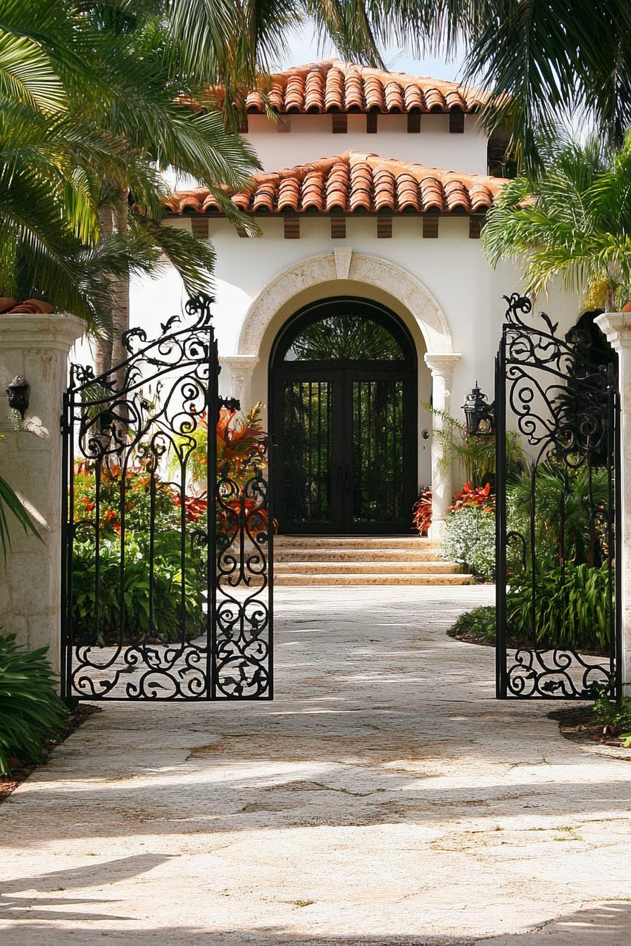 mediterranean revival architecture home courtyard with arched doorway and wrough iron ornate gate 2