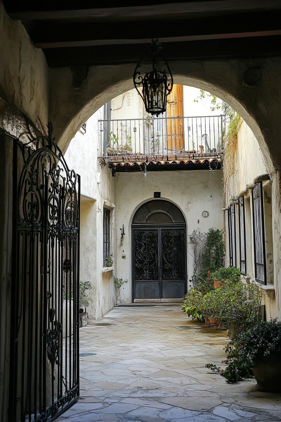 mediterranean revival architecture home courtyard with arched doorway and wrough iron ornate gate 3