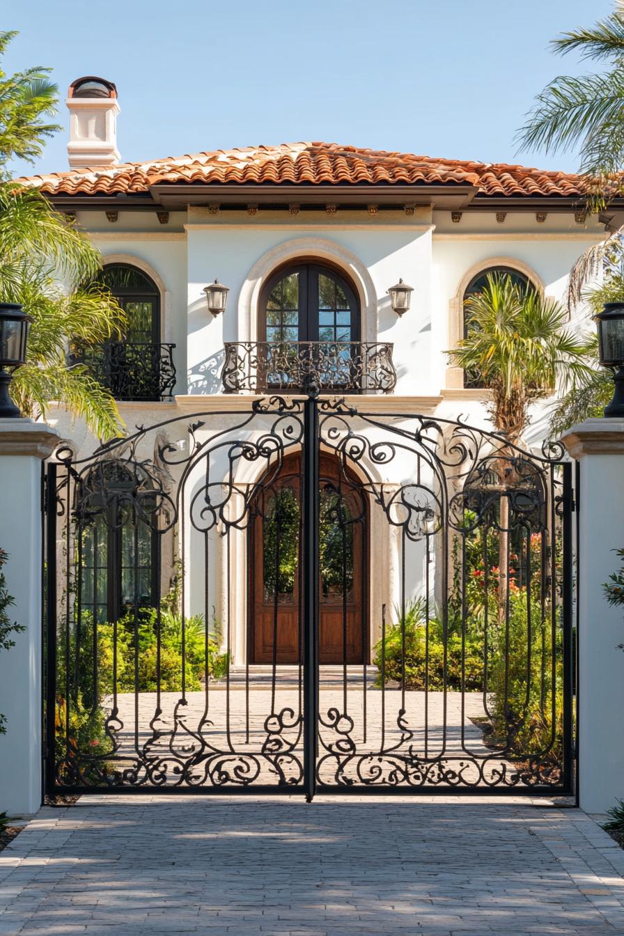 mediterranean revival architecture home courtyard with arched doorway and wrough iron ornate gate