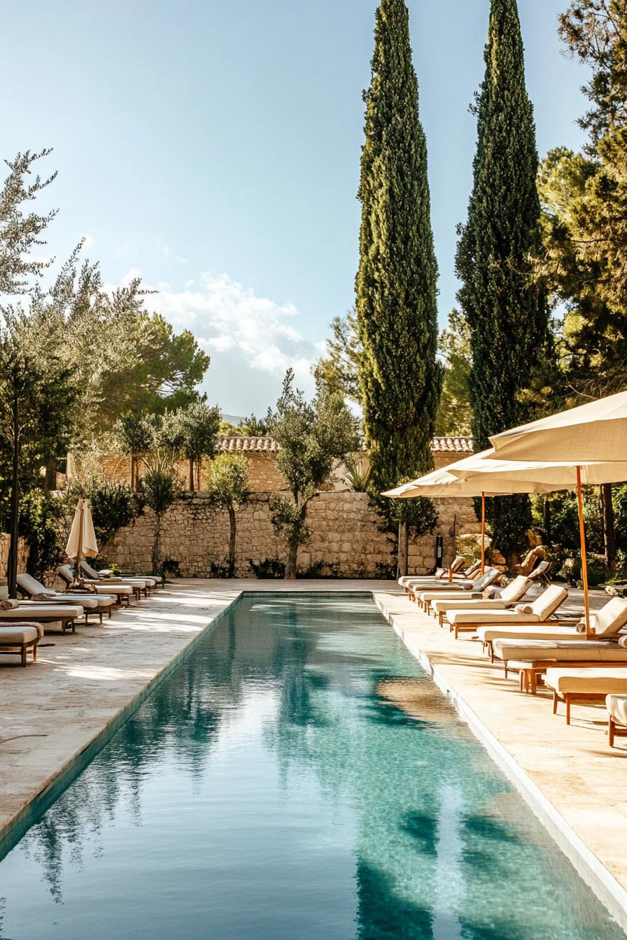 mediterranean villa yard with long pool sunbeds and umbrellas along the pool mediterranean trees in the background 1