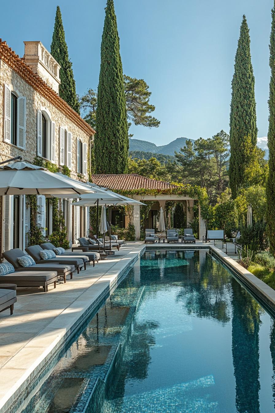 mediterranean villa yard with long pool sunbeds and umbrellas along the pool mediterranean trees in the background 2