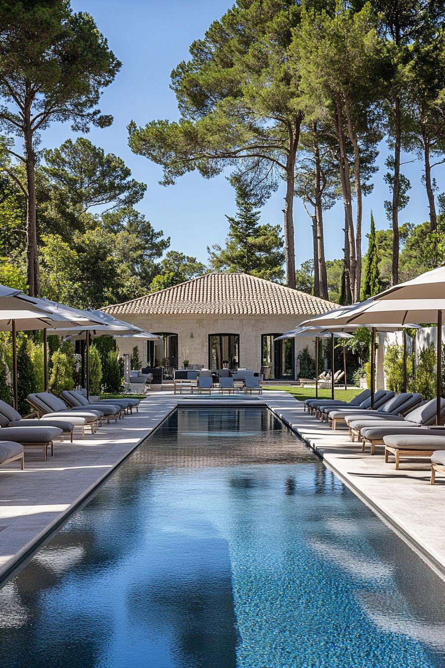 mediterranean villa yard with long pool sunbeds and umbrellas along the pool mediterranean trees in the background 3