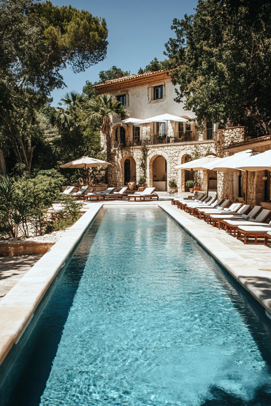 mediterranean villa yard with long pool sunbeds and umbrellas along the pool mediterranean trees in the background