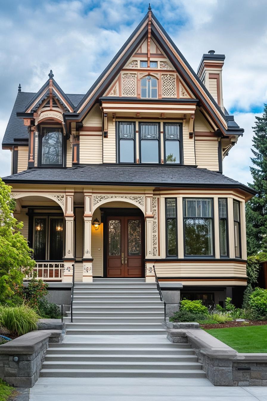 mid century modern and antique style house facade with Victorian style trim