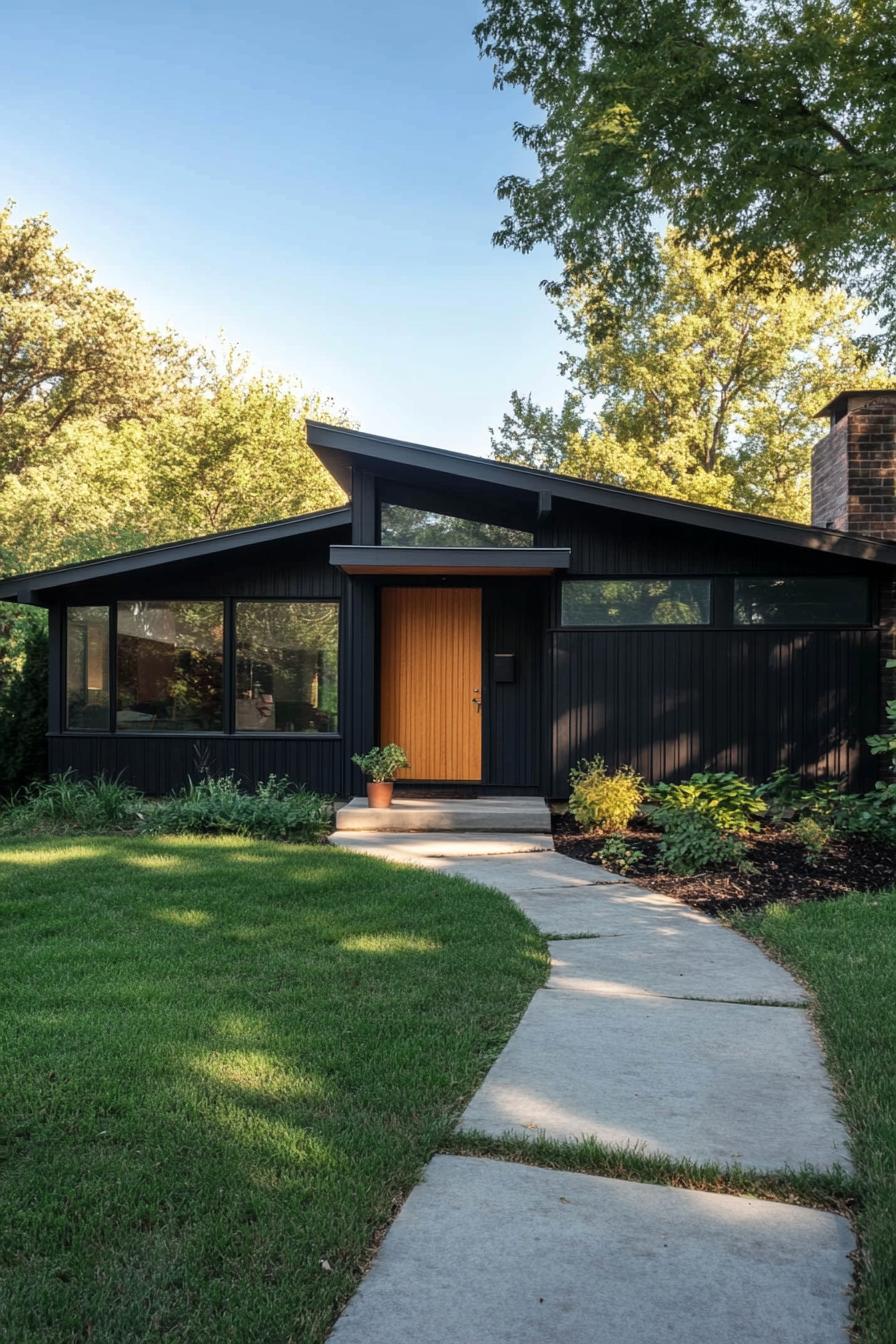 mid century modern black house facade with charcoal black siding 1