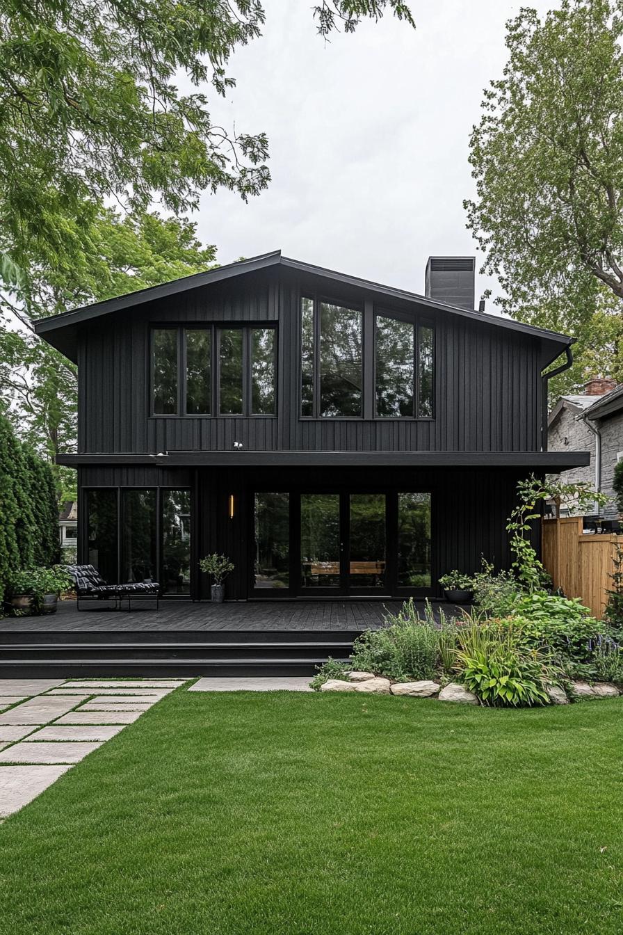 mid century modern black house facade with charcoal black siding 2