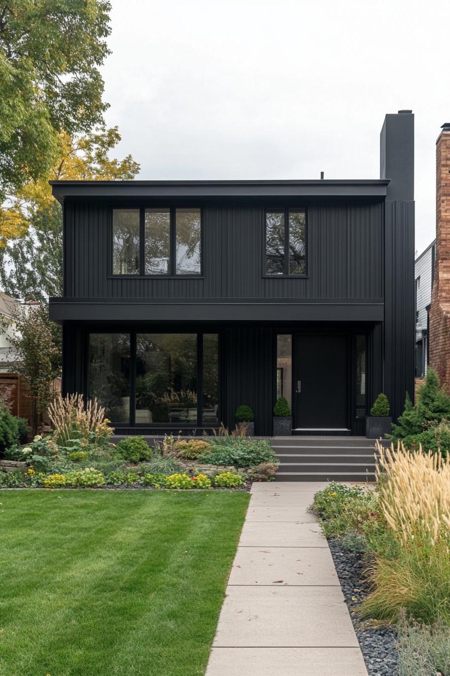 mid century modern black house facade with charcoal black siding 3