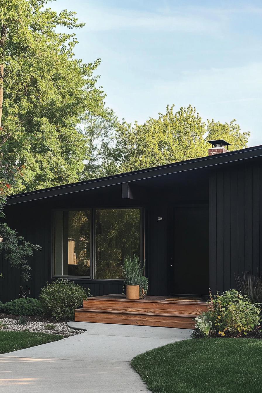 mid century modern black house facade with charcoal black siding