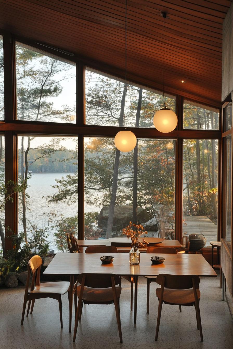 mid century modern house interior with teak furniture and large windows overlooking a stunning lakeside 1