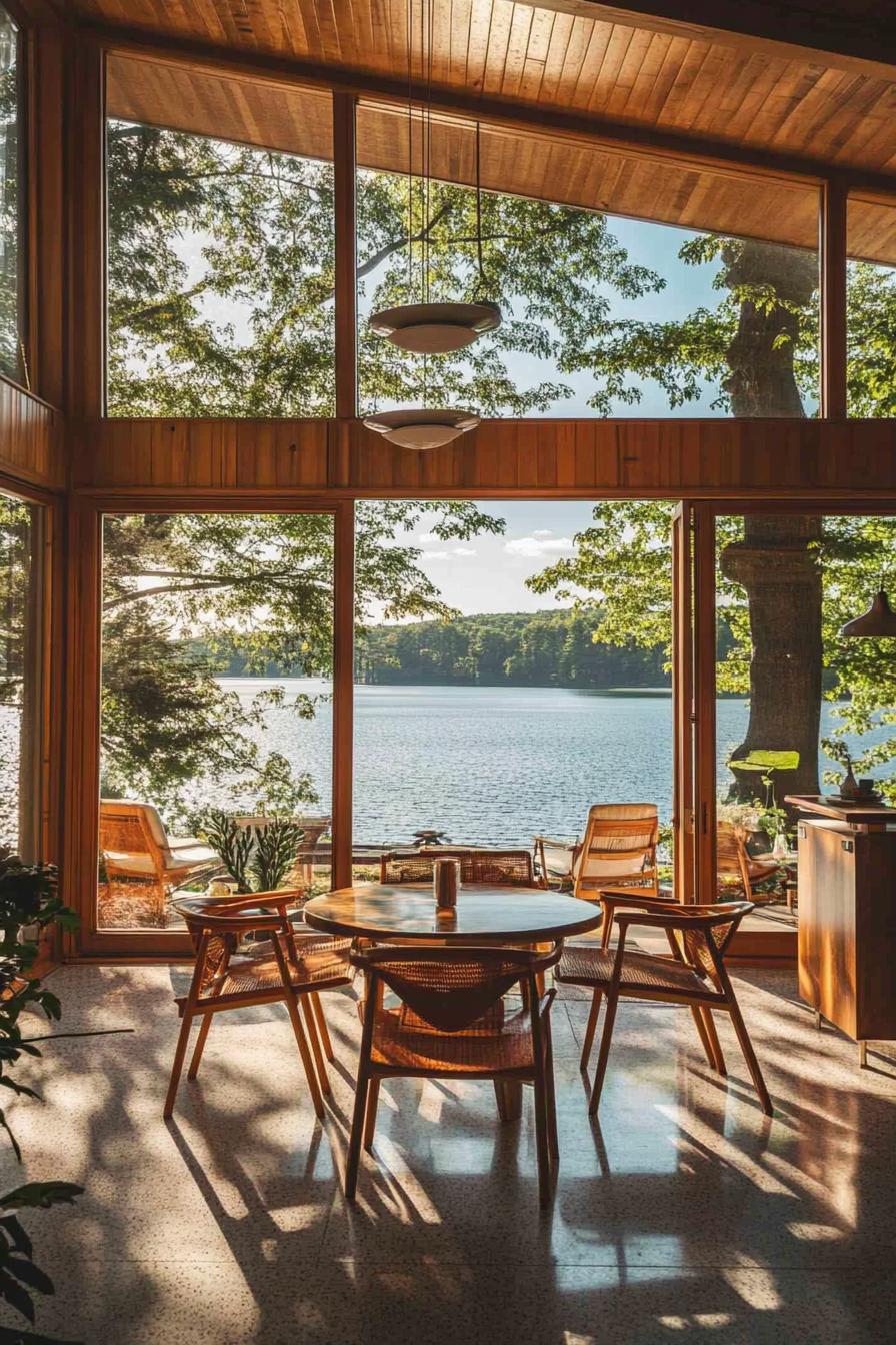 mid century modern house interior with teak furniture and large windows overlooking a stunning lakeside 2