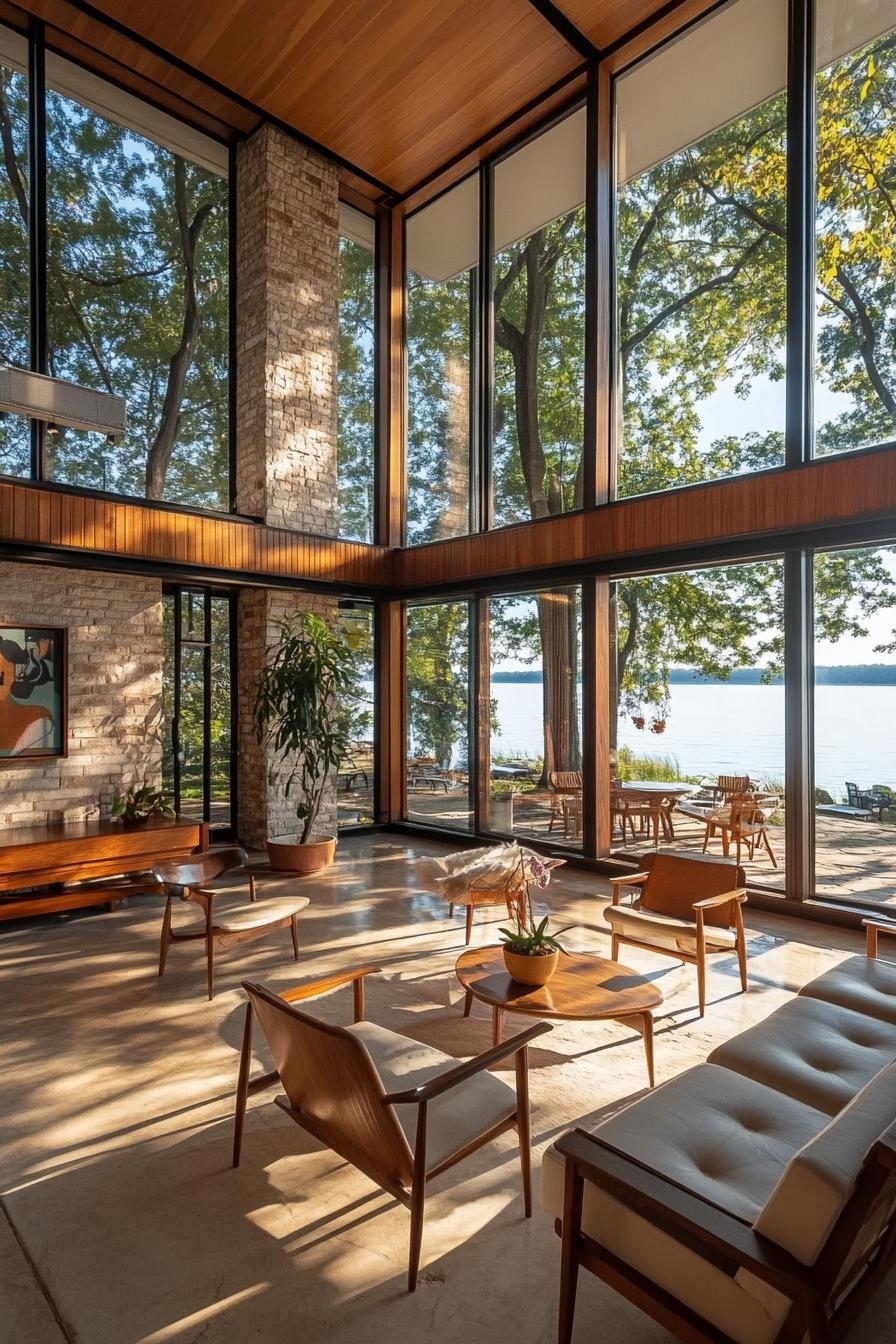 mid century modern house interior with teak furniture and large windows overlooking a stunning lakeside 3