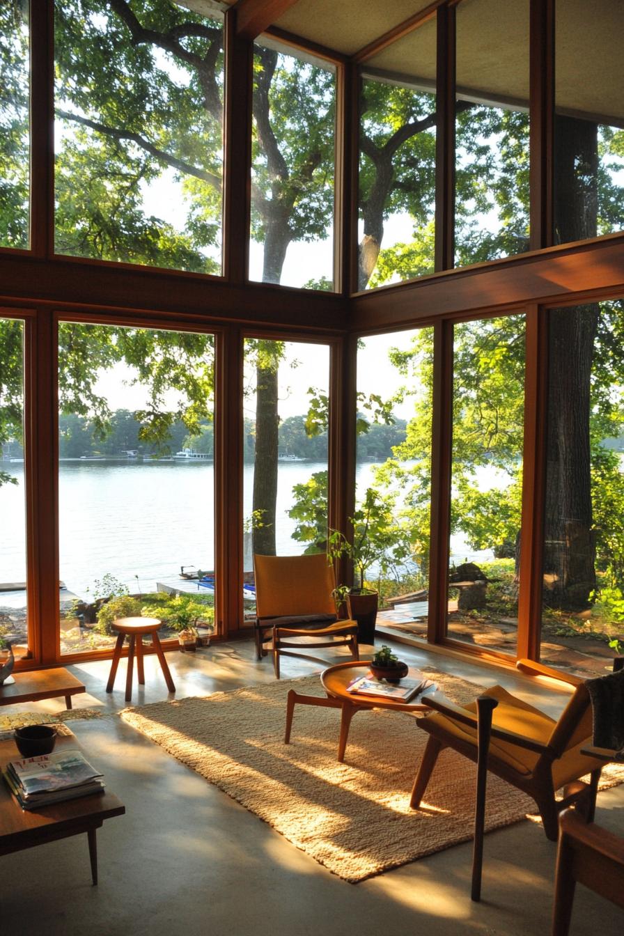 mid century modern house interior with teak furniture and large windows overlooking a stunning lakeside