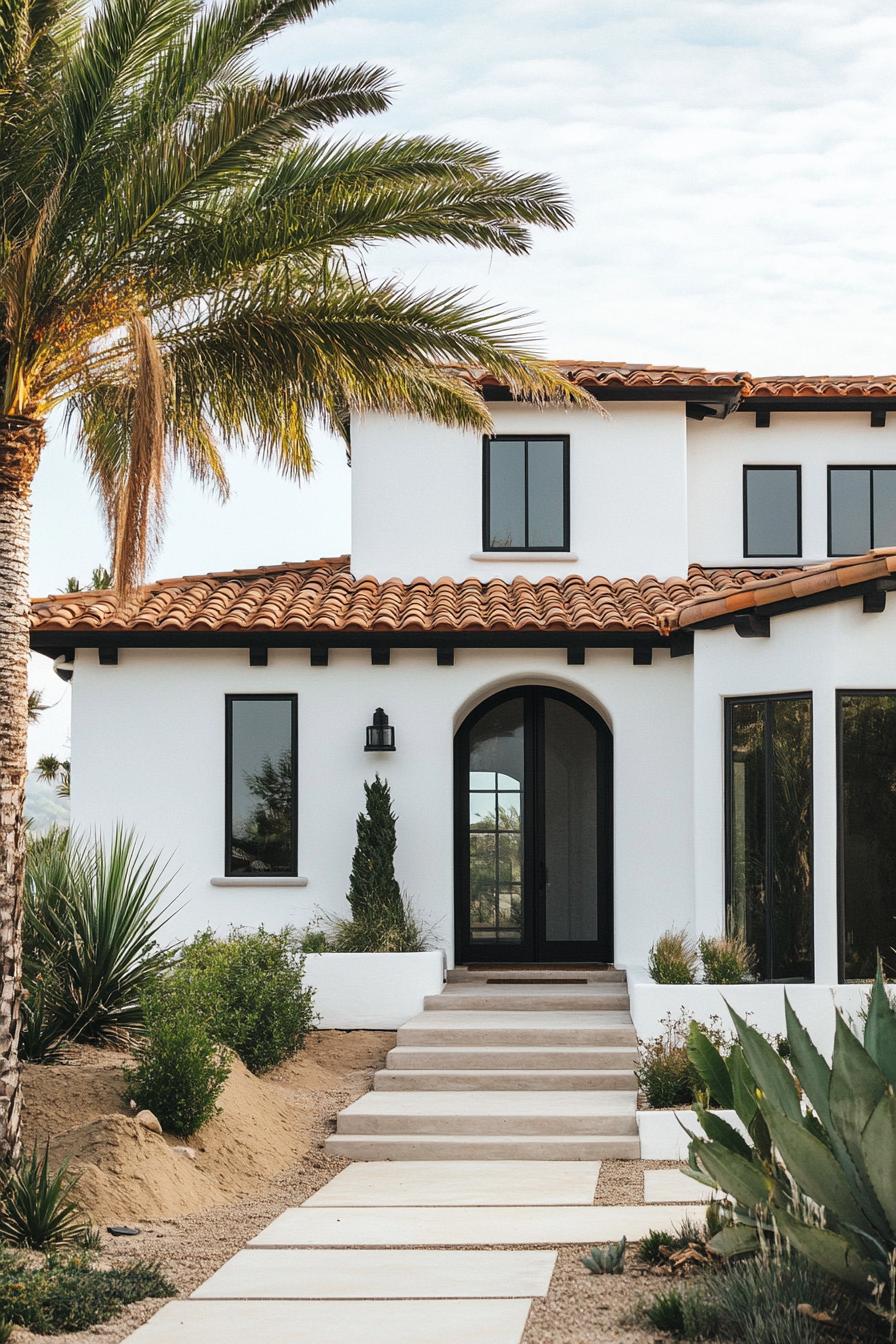 modern Californian house mediterranean style facade with terracotta tiles and white stucco palms in yard 1