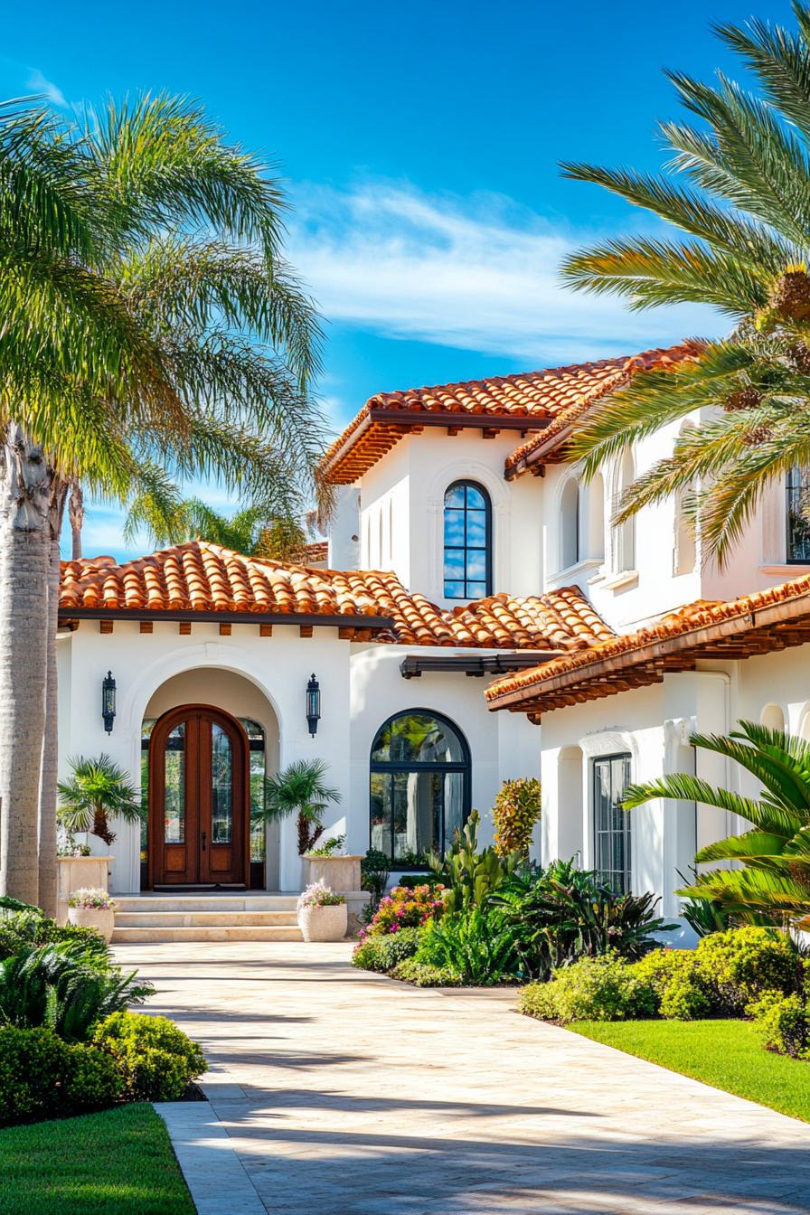 modern Californian house mediterranean style facade with terracotta tiles and white stucco palms in yard 2