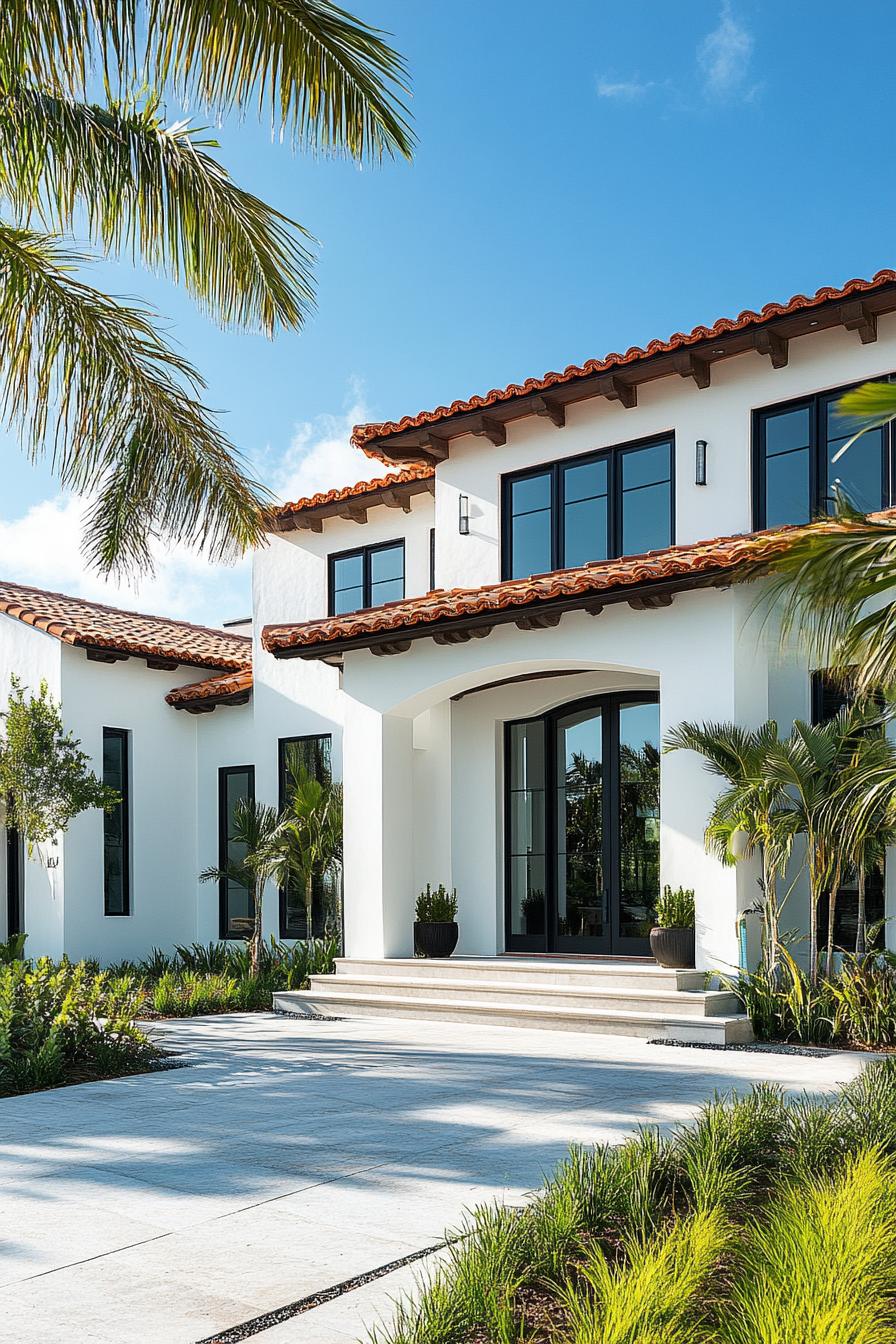 modern Californian house mediterranean style facade with terracotta tiles and white stucco palms in yard 3