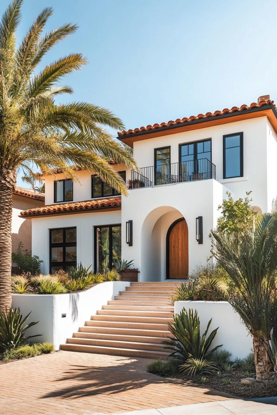 modern Californian house mediterranean style facade with terracotta tiles and white stucco palms in yard