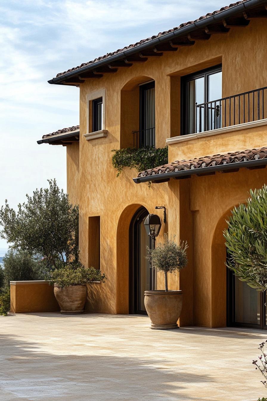 modern Italian mediterranean house facade with earthy tone stucco Italian coast views 1