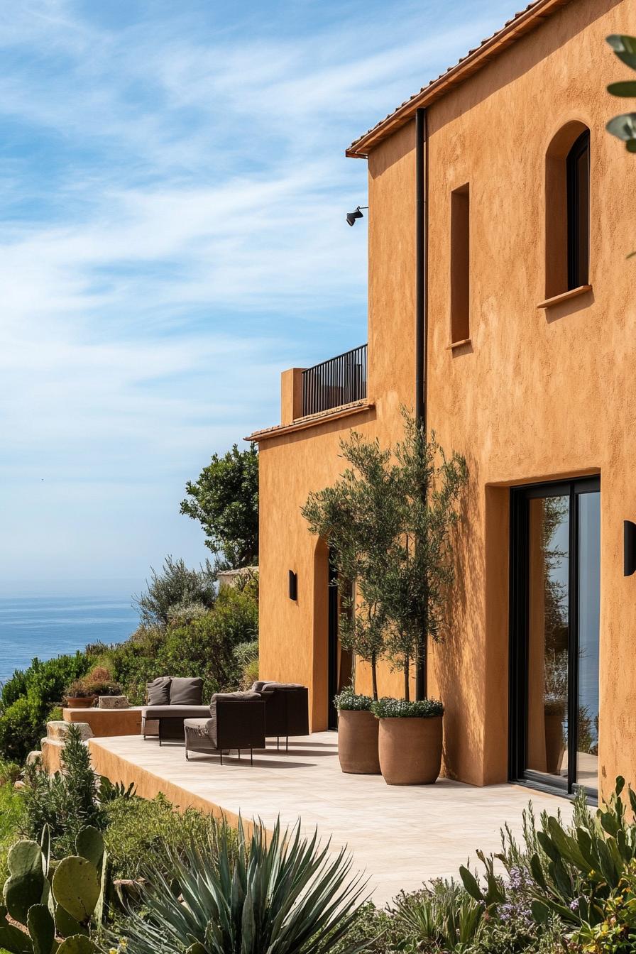 modern Italian mediterranean house facade with earthy tone stucco Italian coast views 2