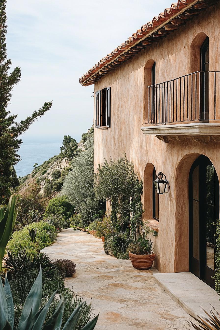 modern Italian mediterranean house facade with earthy tone stucco Italian coast views 3