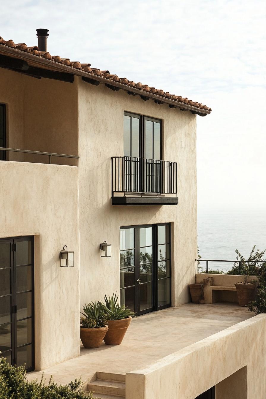 modern Italian mediterranean house facade with earthy tone stucco Italian coast views