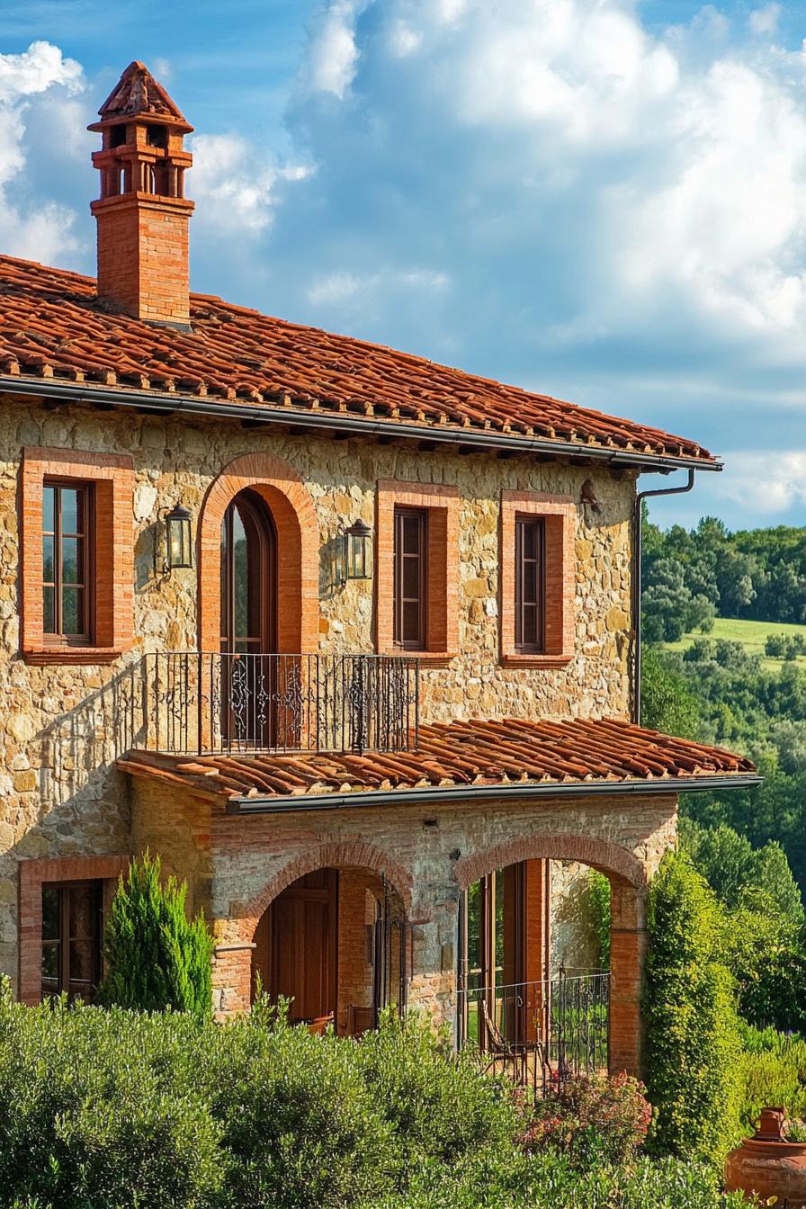 modern Tuscan mediterranean house facade with terracotta roof and wrought iron balconies stunning Tuscany landscape 1