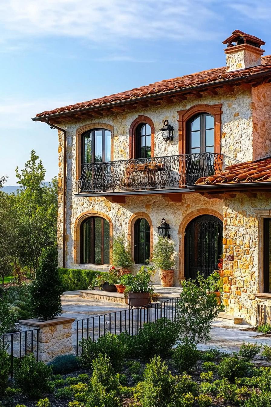 modern Tuscan mediterranean house facade with terracotta roof and wrought iron balconies stunning Tuscany landscape 2