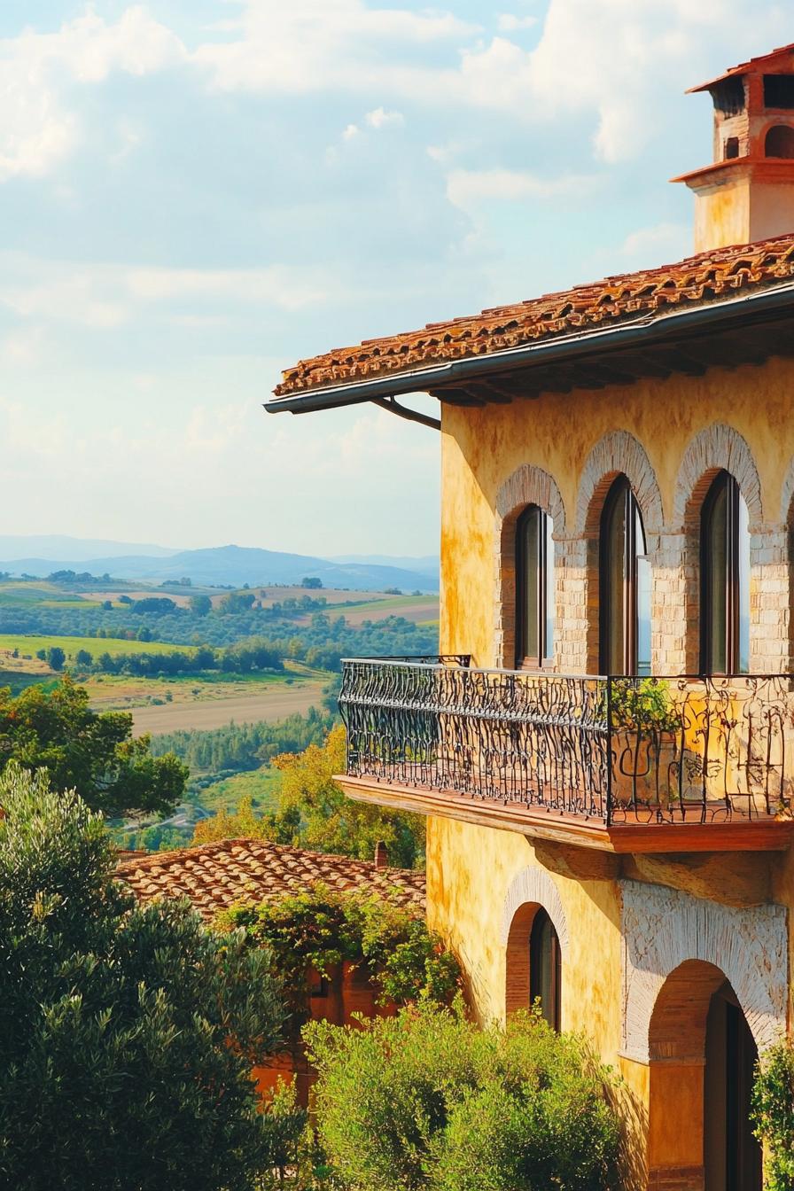 modern Tuscan mediterranean house facade with terracotta roof and wrought iron balconies stunning Tuscany landscape 3