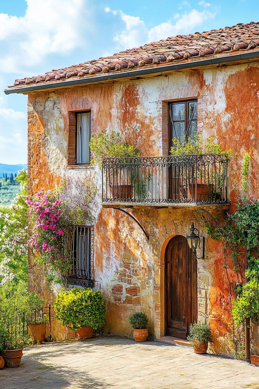 modern Tuscan mediterranean house facade with terracotta roof and wrought iron balconies stunning Tuscany landscape