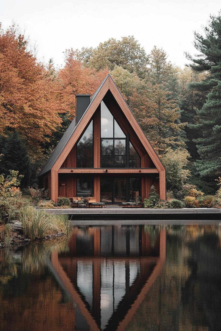 modern a frame cabin with wood siding ful lwall window multi pitched metal roof lake in front with a reflection of the cabin forest in the 1