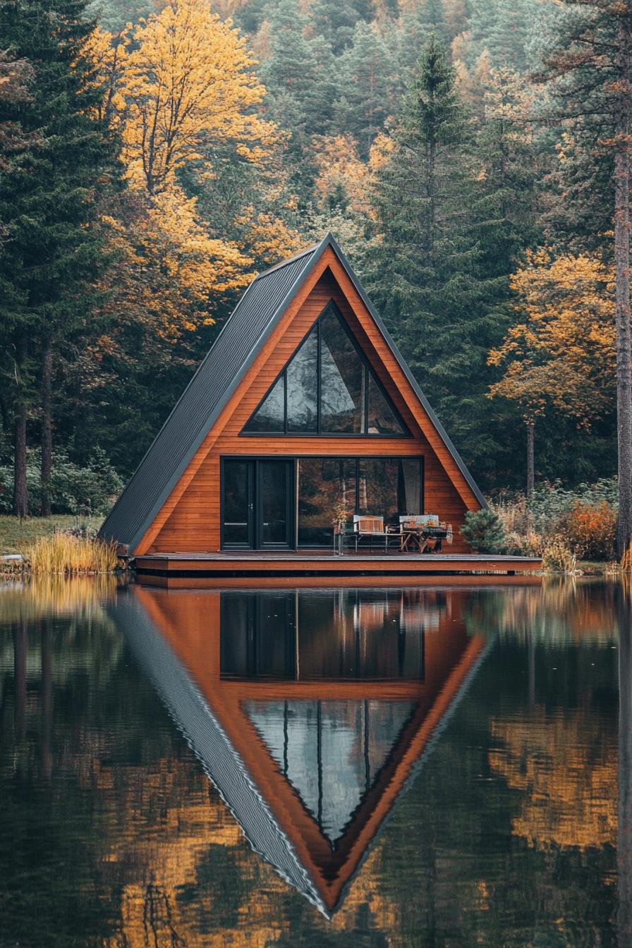 modern a frame cabin with wood siding ful lwall window multi pitched metal roof lake in front with a reflection of the cabin forest in the