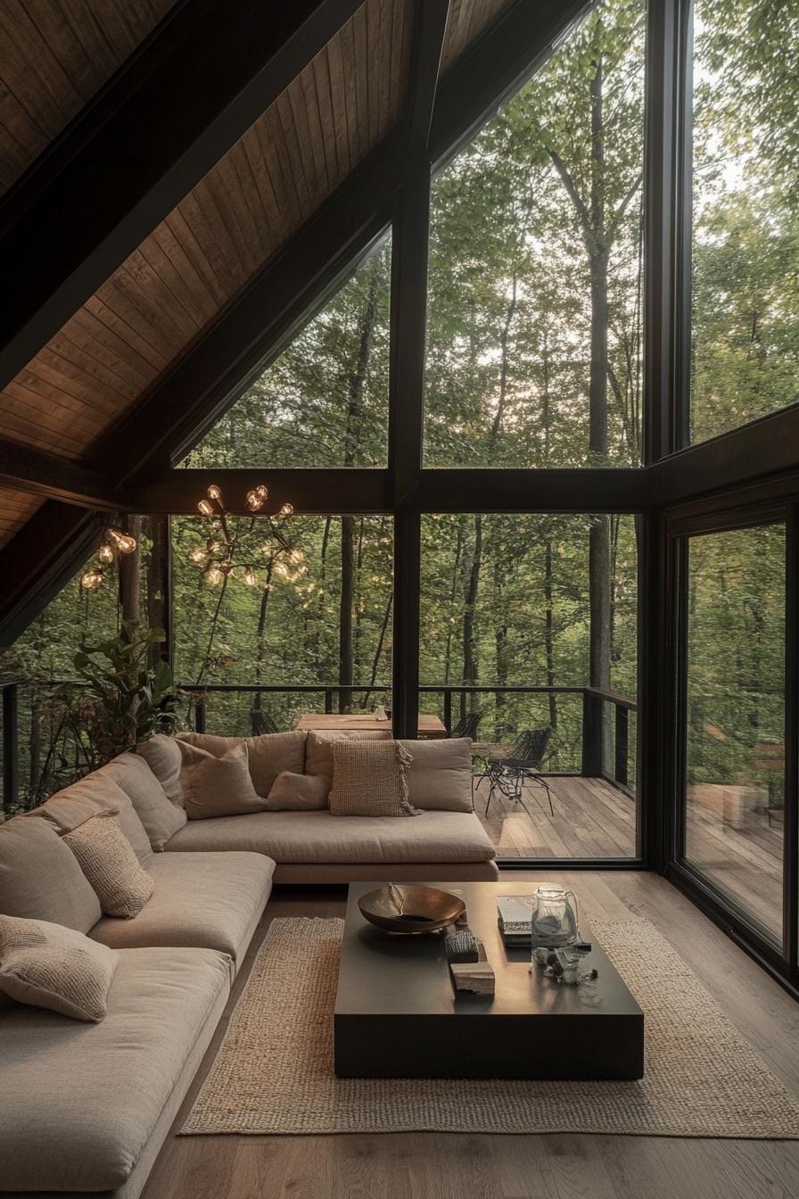 modern a frame forest cabin interior with glass walls and glass ceiling hardwood floor bulky sectional sofa floor cushions statement coffee table 2