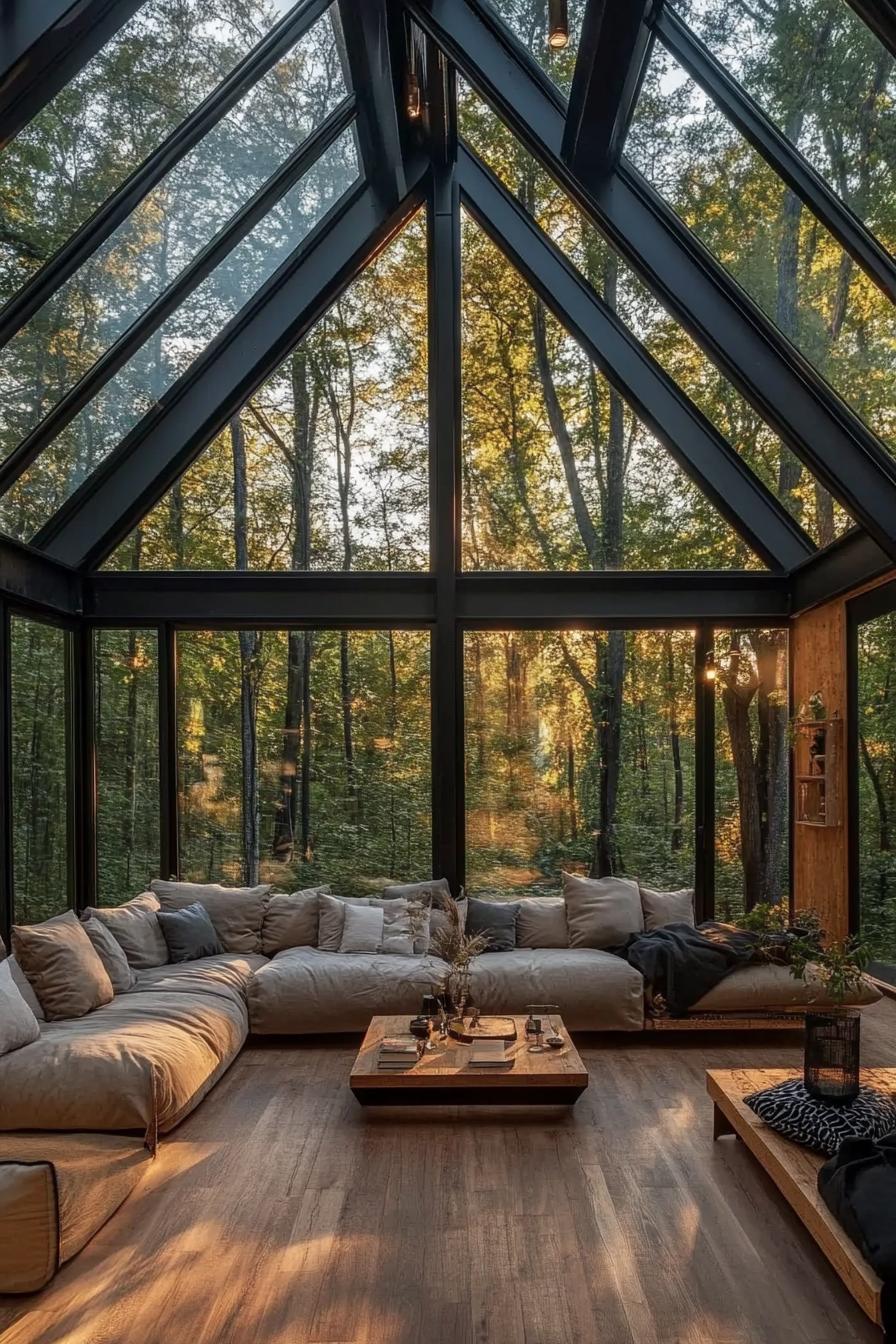 modern a frame forest cabin interior with glass walls and glass ceiling hardwood floor bulky sectional sofa floor cushions statement coffee table 3