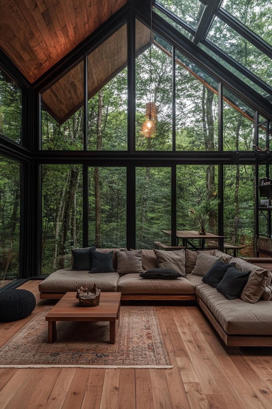 modern a frame forest cabin interior with glass walls and glass ceiling hardwood floor bulky sectional sofa floor cushions statement coffee table