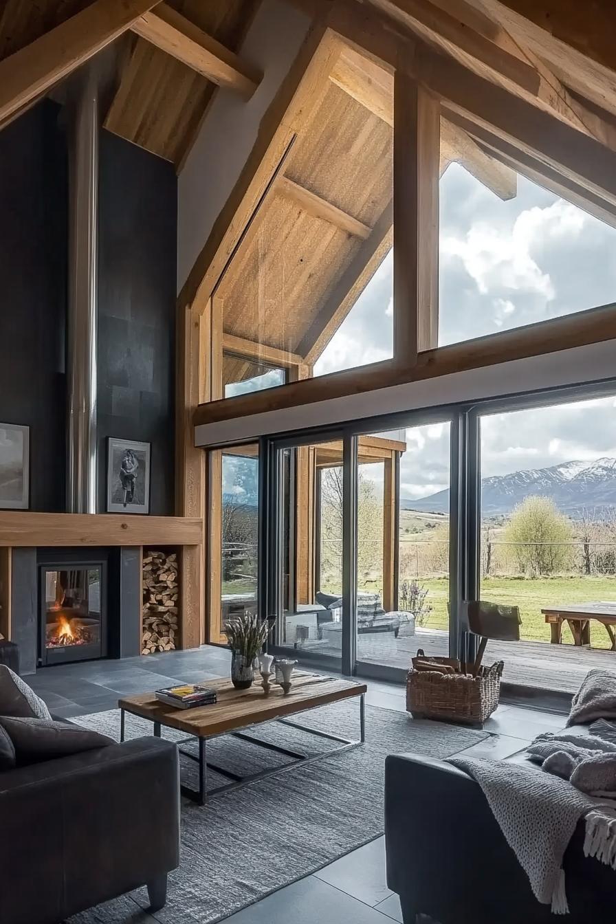 modern barn home interior with fireplace and large windows overlooking stunning mountains 1