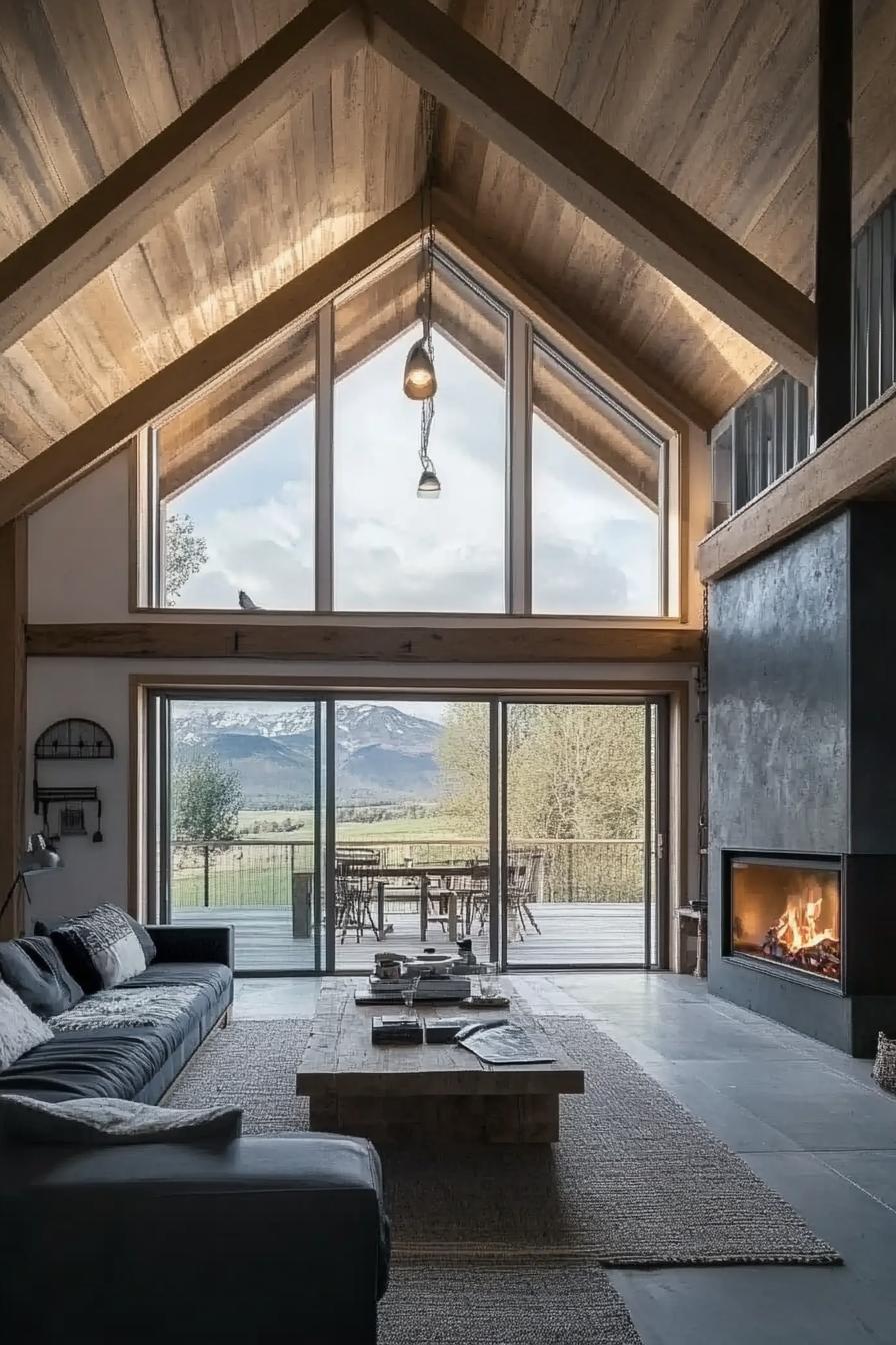 modern barn home interior with fireplace and large windows overlooking stunning mountains 2