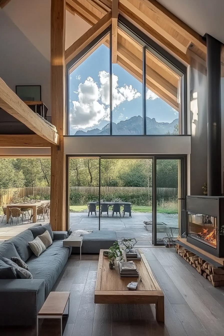 modern barn home interior with fireplace and large windows overlooking stunning mountains 3