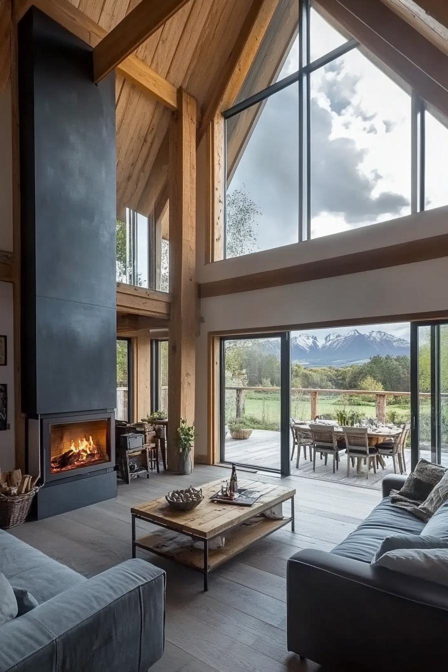 modern barn home interior with fireplace and large windows overlooking stunning mountains