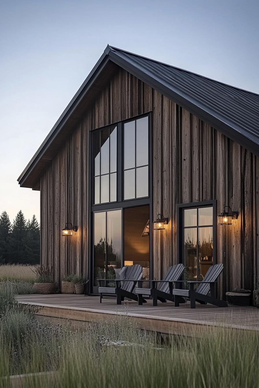 modern barn house with reclaimed wood siding large windows with black trim black roof wooden patio with adirondack chairs outdoor lamps on the 1